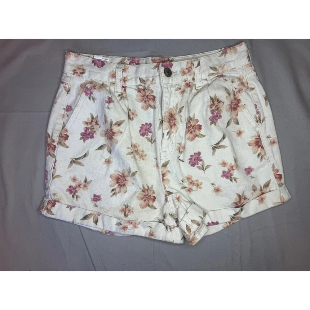 American Eagle Floral Mom Shorts Women's 4 White Pink High Rise Cotton‎
